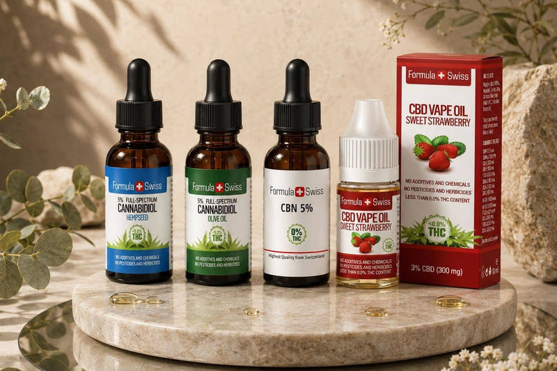 Formula Swissi 5% CBD-õlid kanepiseemneõlis ja oliiviõlis, CBN-õli 5% ja maasikamaitseline CBD vape-õli marmoralusel