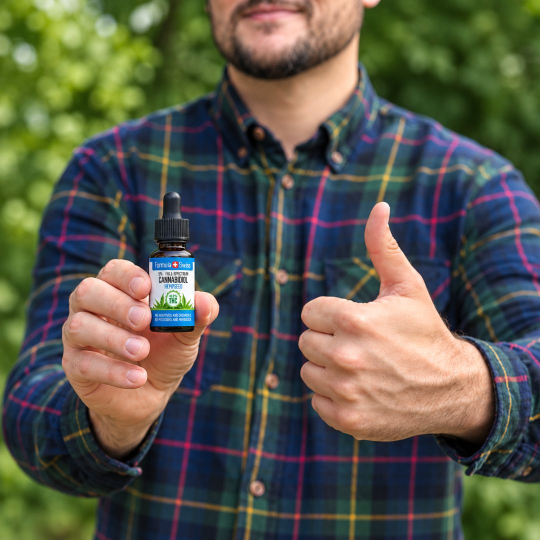 Inimene hoiab käes Formula Swiss CBD õli kanepiseemneõlis ja näitab pöialt