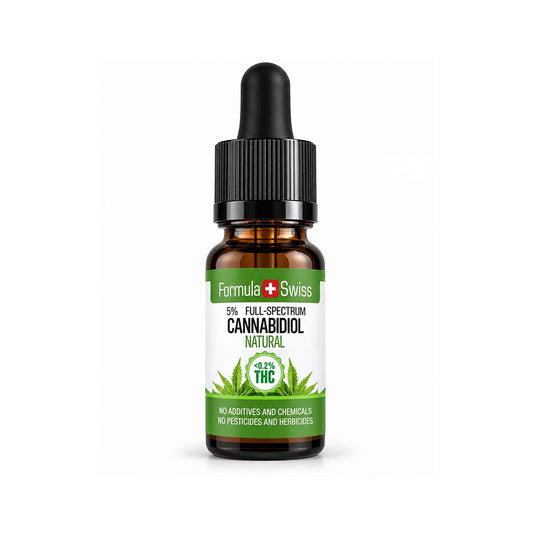 10 ml pruun pipetipudel Formula Swiss 5% täisspektriga naturaalse CBD õliga, must kork ja valge-roheline etikett