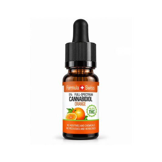 Pruun pipetipudel valge-oranži etiketiga: Formula Swiss CBD õli apelsin, 5% täisspektriga, alla 0,2% THC
