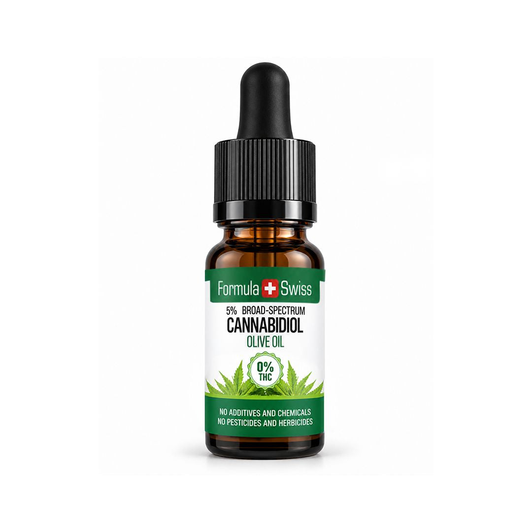 Väike pruun pipetipudel Formula Swiss CBD õliga oliiviõlis, 0% THC, must kork ja valge etikett