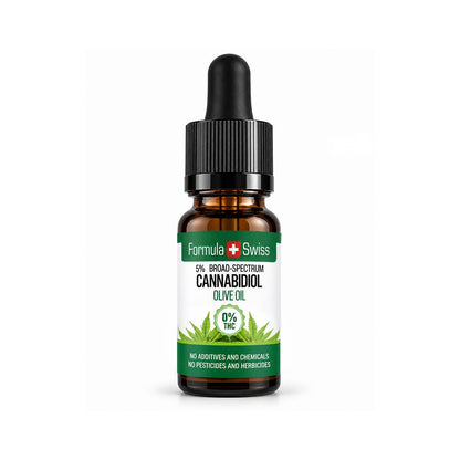 Väike pruun pipetipudel Formula Swiss CBD õliga oliiviõlis, 0% THC, must kork ja valge etikett