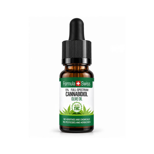 Väike pruun pipetipudel Formula Swiss CBD õliga oliiviõlis, alla 0,2% THC, must kork ja valge etikett