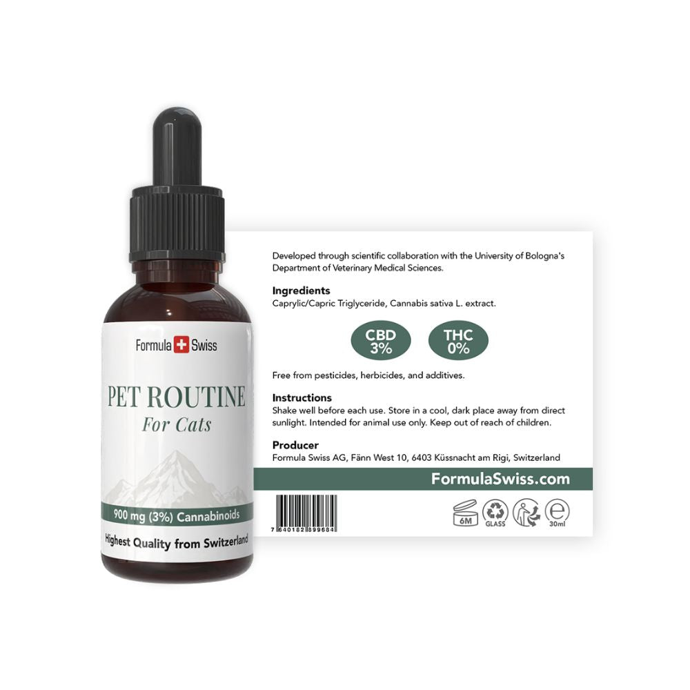 CBD oil bottle for cats by Formula Swiss with dropper on a white background