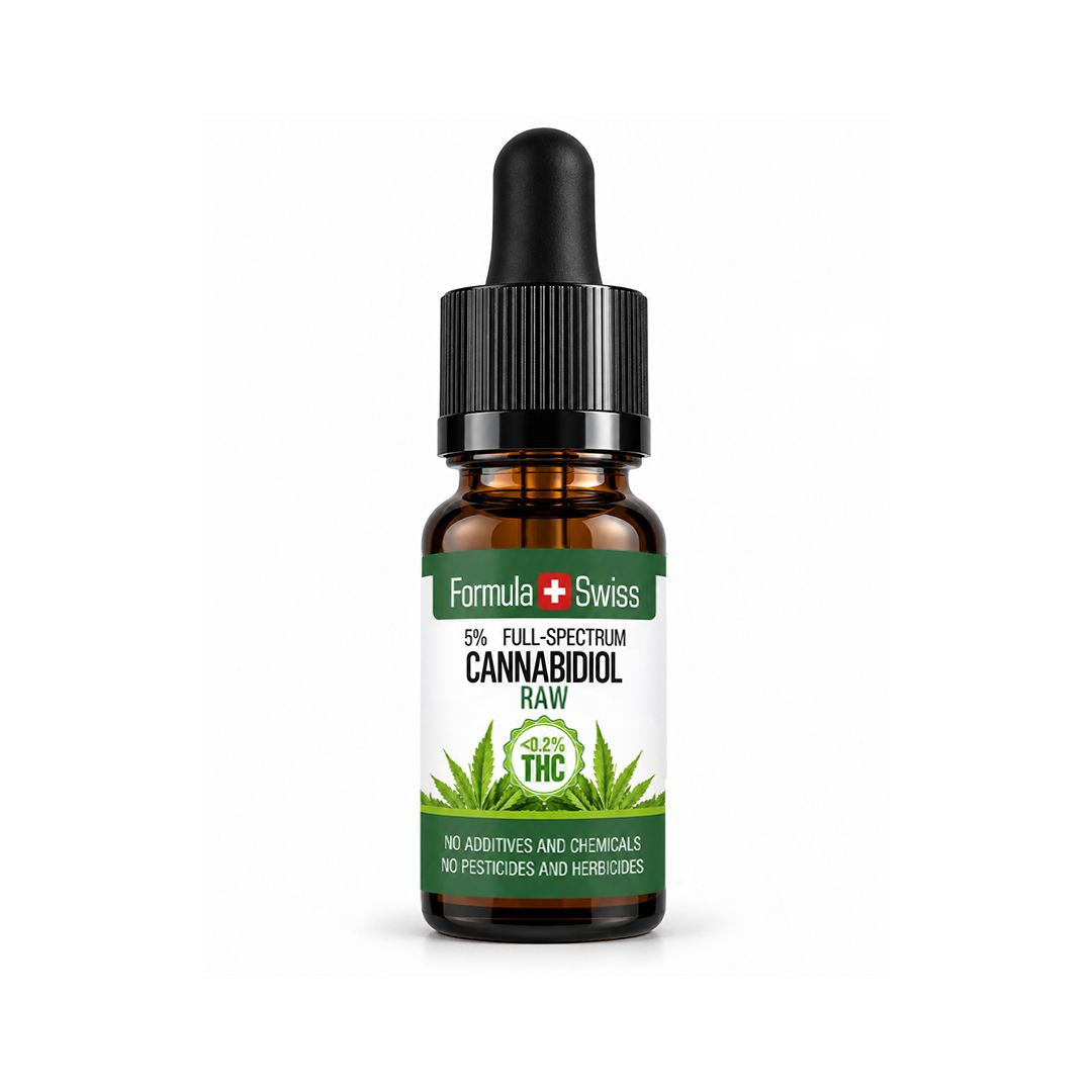 10 ml pruun pipetipudel Formula Swiss 5% täisspektriga RAW CBD õliga, must kork ja valge etikett roheliste detailidega