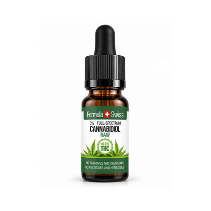 10 ml pruun pipetipudel Formula Swiss 5% täisspektriga RAW CBD õliga, must kork ja valge etikett roheliste detailidega